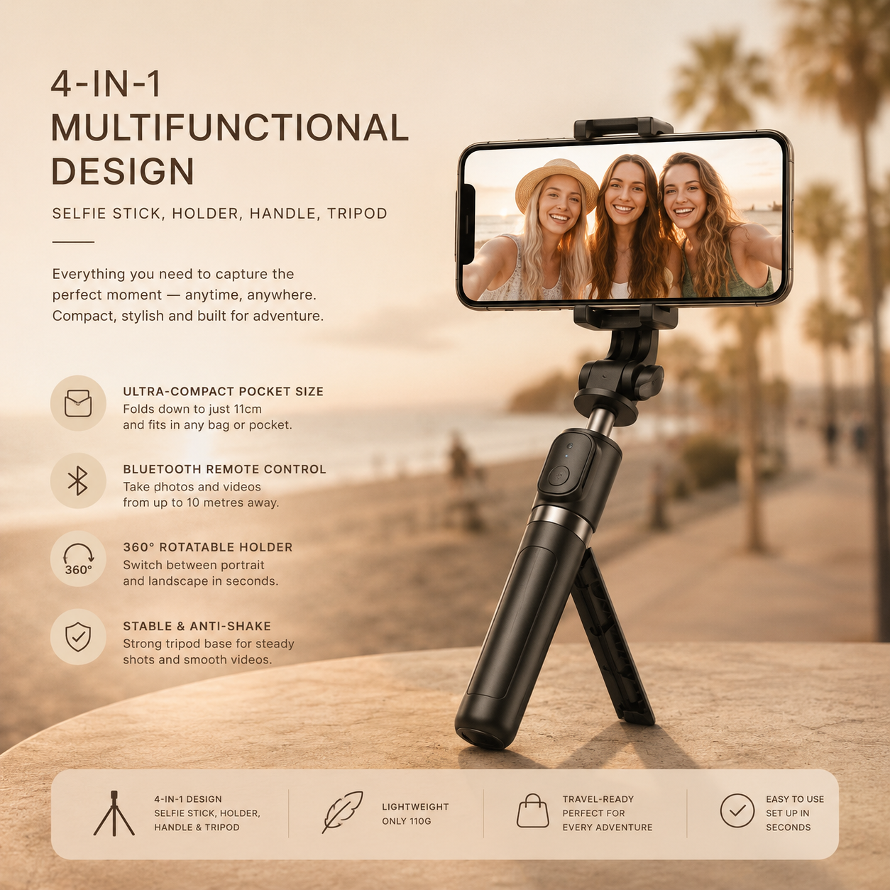 Snaply mini selfie stick tripod benefits - lightweight, compact, Bluetooth remote