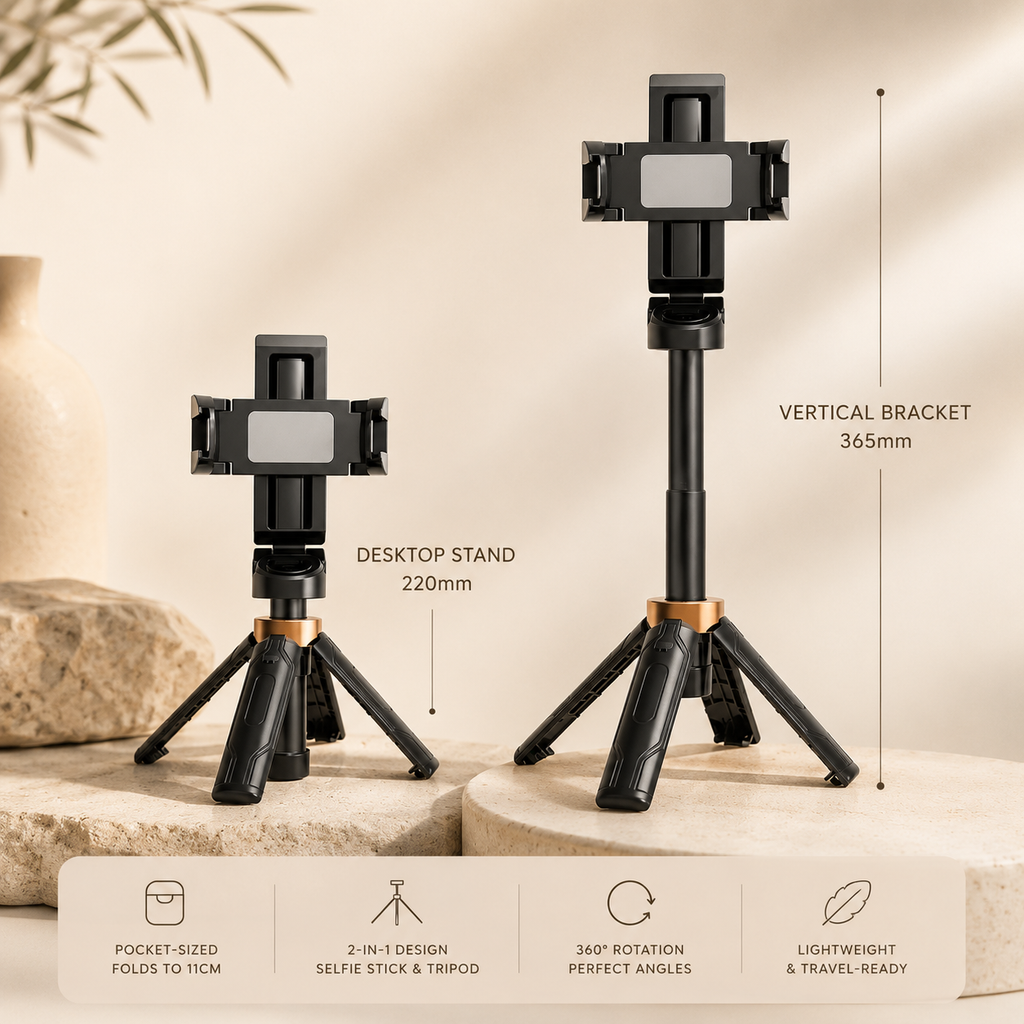 Snaply mini selfie stick tripod size compared to everyday objects