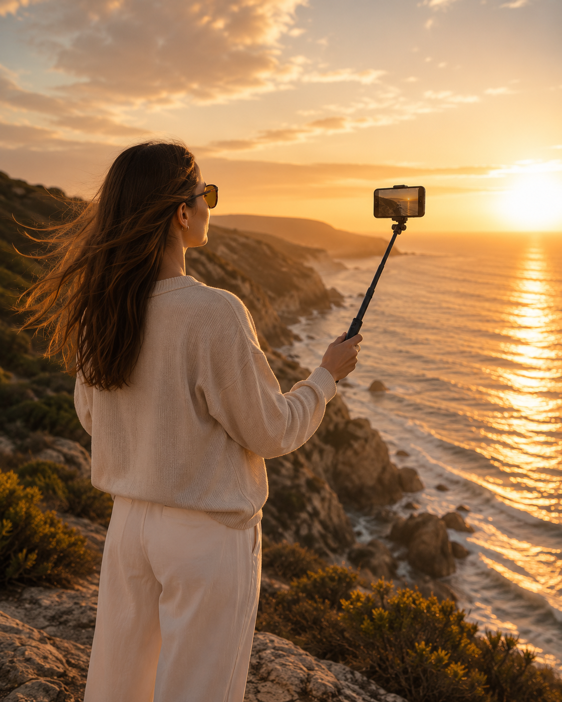 Solo traveller using Snaply selfie stick tripod to photograph beach sunset